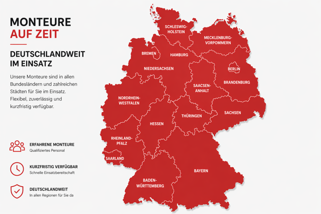 Monteure Deutschland – Einsatzgebiete in allen Bundesländern deutschlandweit verfügbar